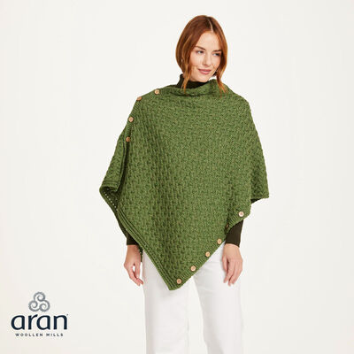 Aran Knitted Poncho With Wooden Buttons  Army Green Colour